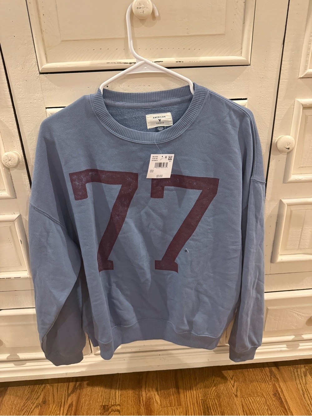 American Eagle Outfitters Blue Crewneck Sweatshirt with Maroon '77' Graphic